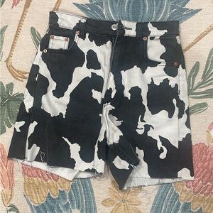 Zara Cow Print Denim High Waist Shorts with Frayed Edge